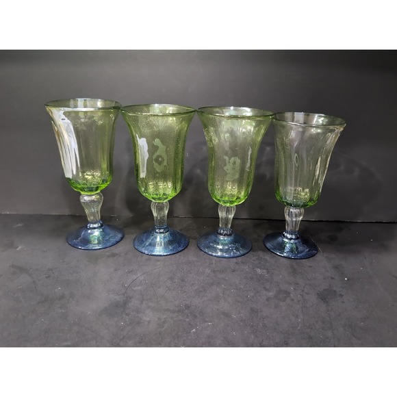 Libbey Hand Blow Art Glass Goblets Set, Drinking Glass‎ Set of 4, Green and Blue - Picture 1 of 9